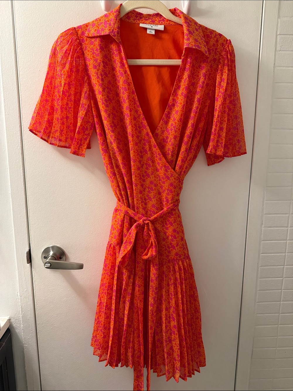 Orange-Pink Wrap Dress with Pleated Skirt